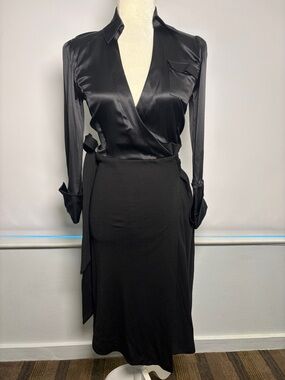 Diane Von Furstenberg Black Silk Wrap Dress with Long Sleeves